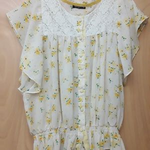 White Yellow Cottage Prairie Floral Ruffle Top